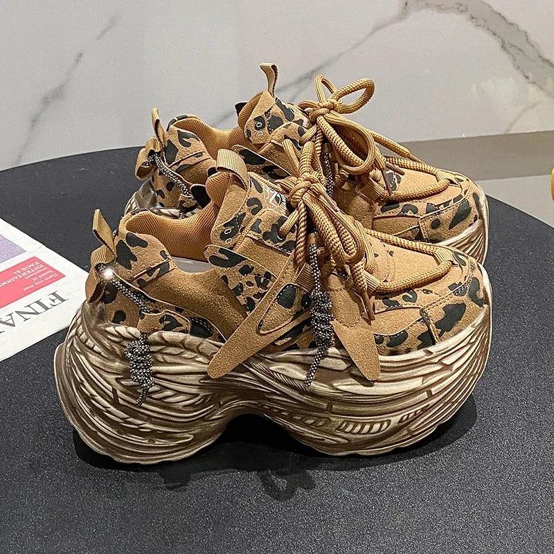 8CM High Platform Sneakers Wedge Heels Leather Walking Shoes Woman New Autumn Leopard Vulcanize Shoes Female Chunky Sneakers