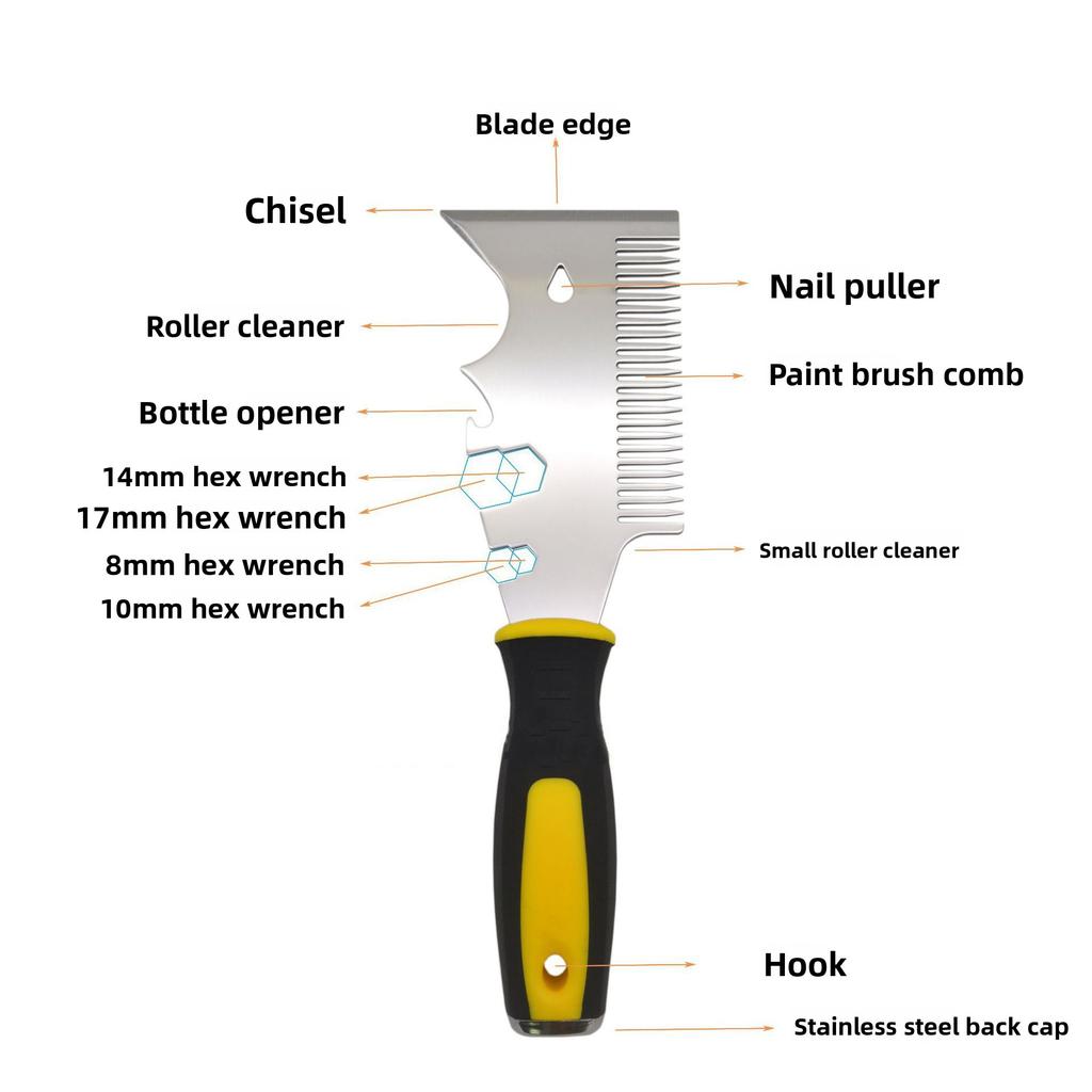 13-in-1 Multi-Function Putty Knife, Stainless Steel Paint Scraper with Comb, Paint Roller Cleaner, Hammerable End Cap