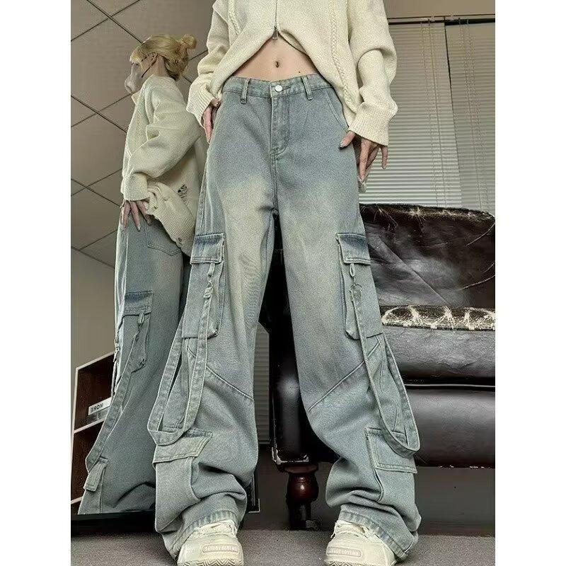 JYL Men's Cargo Jeans American High-Street Washed Big Pocket Spring Loose Denim Pants