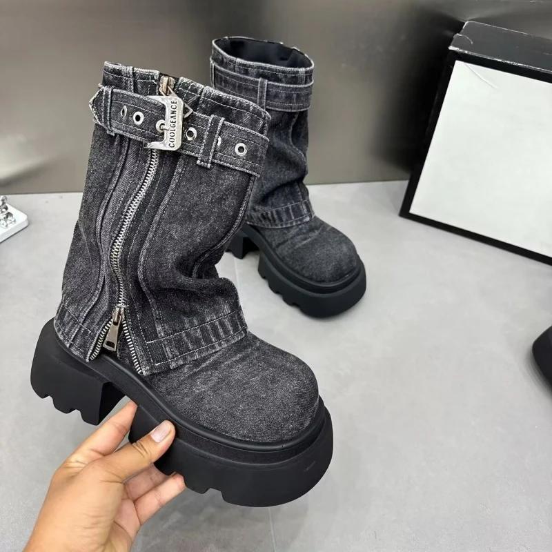 

Fashion 2025 Designer Denim Women Ankle Boots Fashion Elegant Side Zippers Belt Buckle Shoes Thick Heel Women s Morder Short Booties 40 чёрный