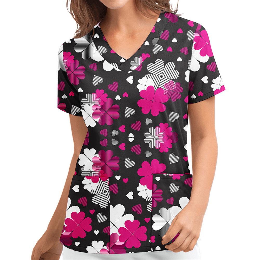 Women's T-shirt V-neck Nurse Uniform Casual and Comfortable Short Sleeved Women's Dreamy Printed T-shirt