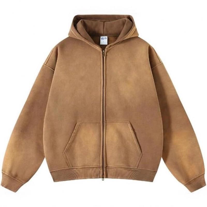 Mens Oversized Hooded Sweatshirt With Distressed Wash Print Heavyweight 400g Cotton Blend Zipper Front Casual Streetwear
