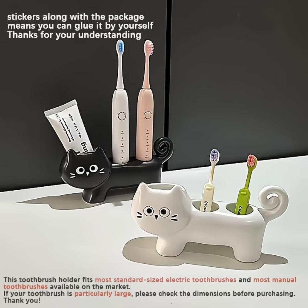 Creative Whimsical Cat-Shaped Ceramic Toothbrush Holder, Bathroom Vanity Countertop Organizer Dental Care Storage Stand