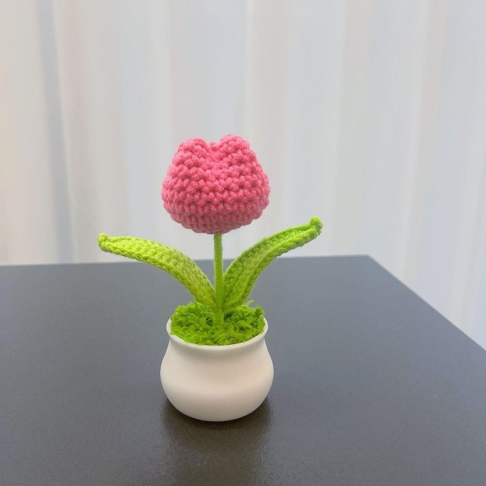DIY Handmade Knitted Flowers Woolen Handcrafted Bonsai New Tulips Crochet Flower Potted  Home Decor