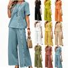 Popular Cotton and Linen Fashion Casual Loose Two-piece Set Short Sleeved Top Button Loose Wide Leg Pants Women's Clothing