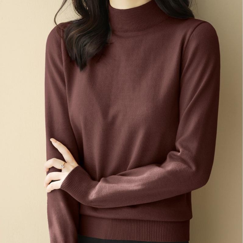 Sweter w kolorze wina damski jednolity kolor długi rękaw ciepły dzianinowy luźny półgolf pulower na jesień i zimę