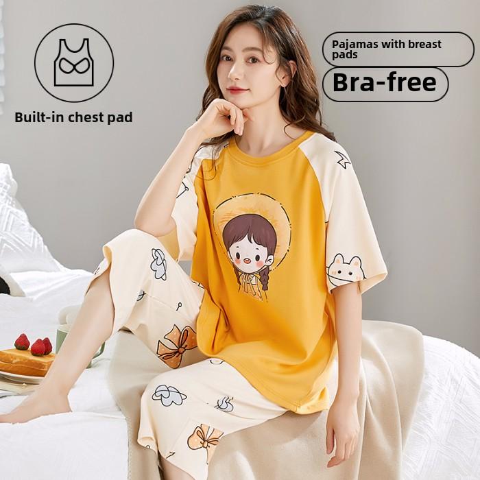 2025 Sommer Damen Pyjama Set mit Brustpolster Weich locker Kurzarm Oberteile und Caprihosen Zweiteilige Nachtwäsche Lingerie Homewear