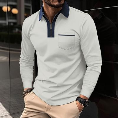 Wiosna Jesień Męskie Koszulki Polo z Długim Rękawem w Jednolitym Kolorze Kieszeń na Zamek Błyskawiczny Patchworkowy Kołnierzyk Casualowe Sportowe Polo z Długim Rękawem Męskie
