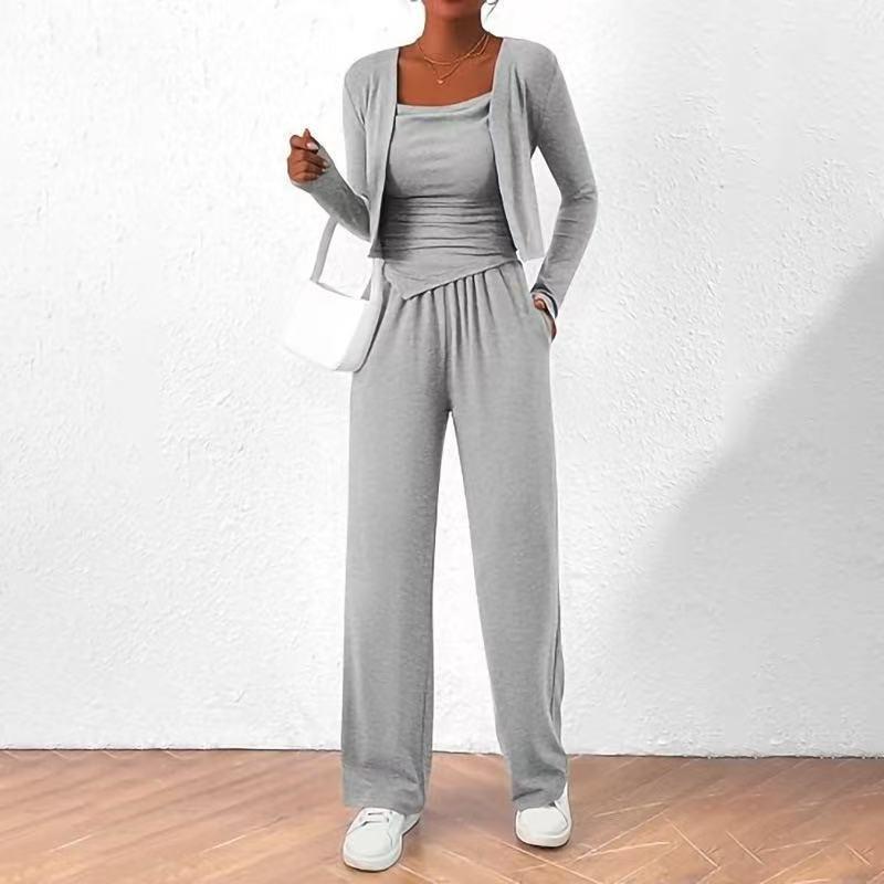 Women S Casual Lazy Design Three Piece Set Coat Strap Pants