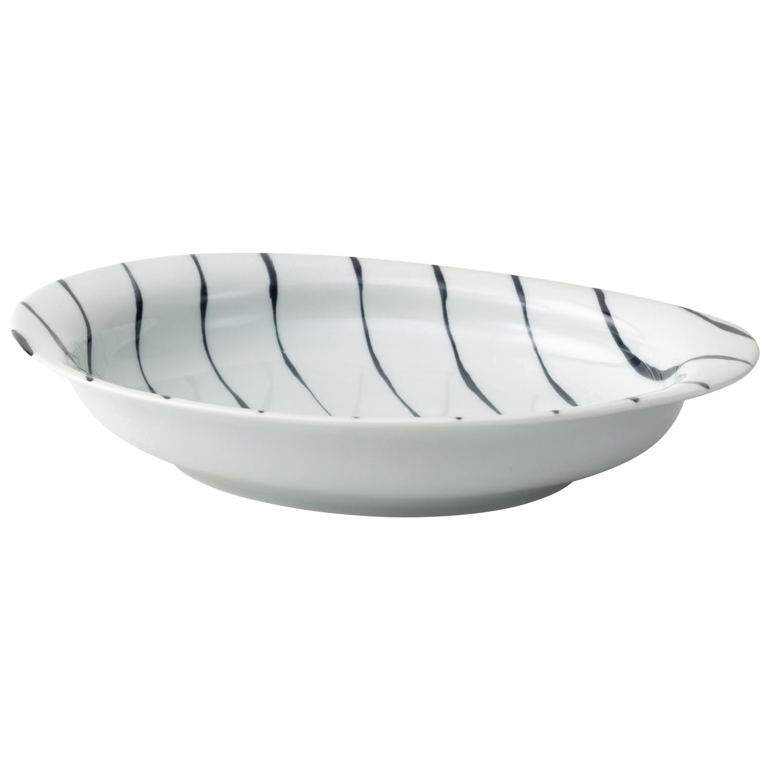 

Hasami ware bowl/plate, approximately 610ml capacity, gray with a wavy stripe pattern, microwave and dishwasher safe, product number 25339