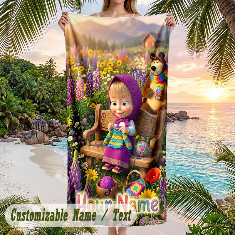 Masha and the Bear Beach Towel, Personalized Custom Text, Quick Dry Soft Large Towel For Swimming Pool Travel