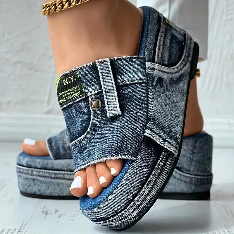 Women Slippers New Beach Walking Slippers Summer Elegant Denim Sandals Comfortable Slip on Platform Shoes Casual Slides Women