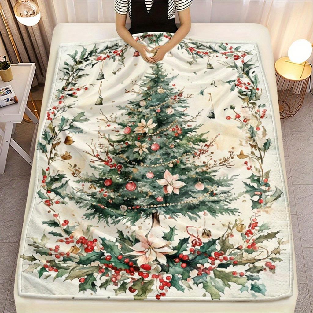 Vintage Watercolor Christmas Tree Throw Blanket, Cozy Festive Flannel Blanket for Couch Bed Decor