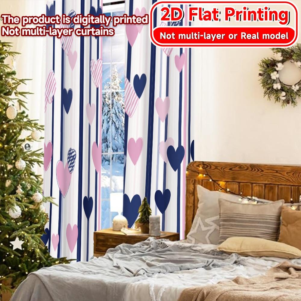 2D Flat Printing  2pcs HeartsandStripes Chic Fashionable Curtains Polyester Easy Install Curtains Outdoor Decorations for Living