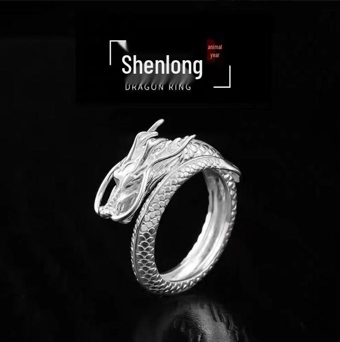 

Мужское кольцо-разомкнутое кольцо Зодиак Серебряный Дракон - Модное заявление в китайском стиле Adjustable Opening