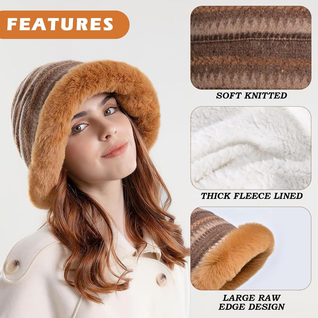 Winter Bucket Hat for Women Warm Hats Faux Fur Fisherman Cap, Women Winter Furry Bucket Hat Rolled Brim Faux Fur Cloche Hat