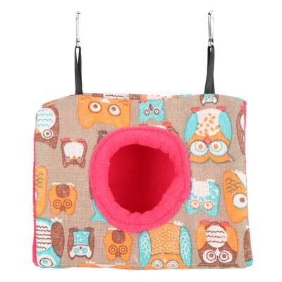 Parrot Warm Hanging Hammock Birds Plush Fluffy Nest House Swing Bed for Hamster SquirrelsL Owl Pattern and Rose Red