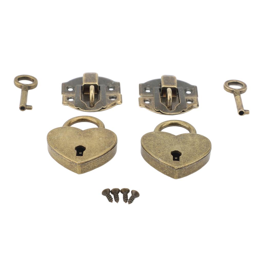 2 Sets Wooden Box Hasp Padlock Set Antique Zinc Alloy Hasp Clasp and Hrt Shaped Padlocks with Keys