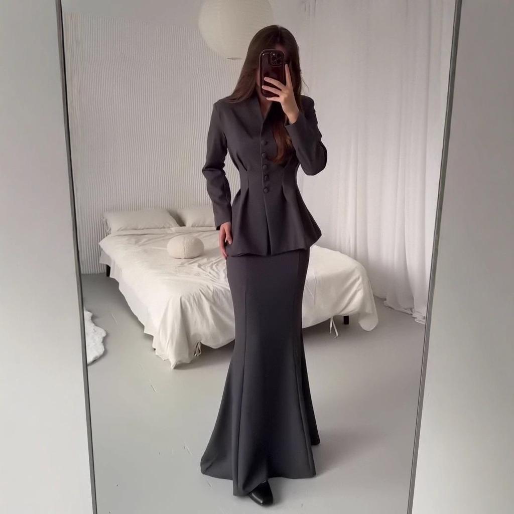 Cross-border European and American Autumn New Cardigan Button Suit Socialite Long-sleeved Top Hip Skirt Women's Clothing