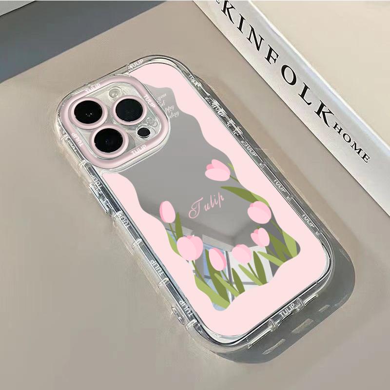 Tulip Flowers Pattern Phone Case For iPhone 17 11 Pro Max 16 14 13 Pro 12 15 XR XS X 7 8 Plus 16e SE2 Make Up Mirror Soft Cover