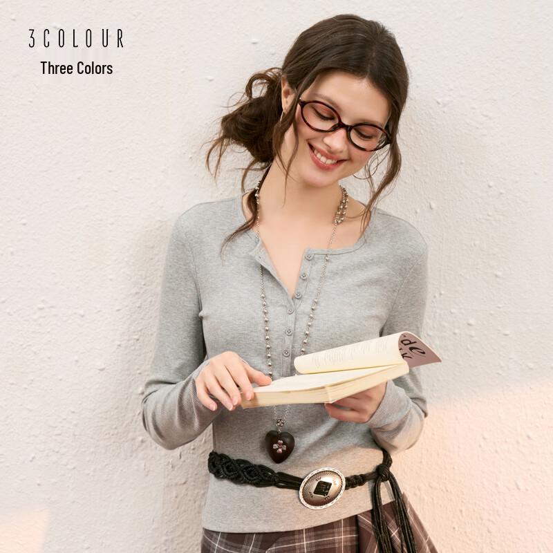 Sancai 2025 Autumn Slim Fit Button Round Neck Long Sleeve T-Shirt S (155/80A)
