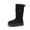 Mittelhohe Schneestiefel Winter Neu Runde Spitze Wildleder Ärmel Gürtelschnalle Plateau Rutschfest Verschleißfest Baumwollschuhe