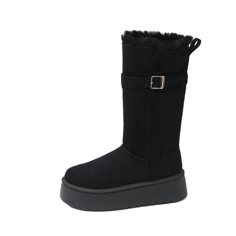 Mittelhohe Schneestiefel Winter Neu Runde Spitze Wildleder Ärmel Gürtelschnalle Plateau Rutschfest Verschleißfest Baumwollschuhe