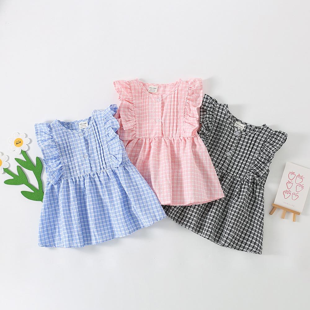 Girls Summer Cotton Plaid Shirt Pleated Flutter Sleeve Cute Short Sleeve Blouse Top