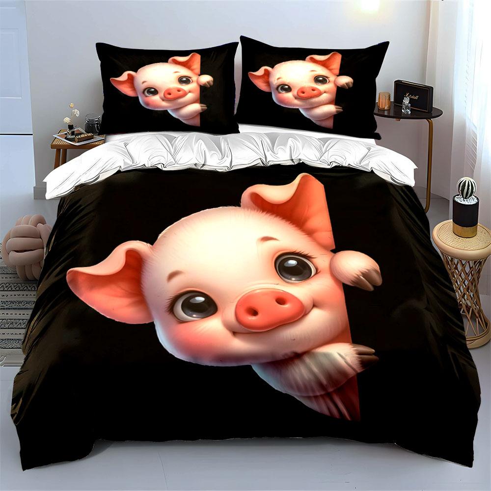 A Cute Pink Cartoon Piggy Print Soft Comfortable Duvet Cover Bedding Set Included 1*Duvet Cover 2*Pillowcases Luxury Gift