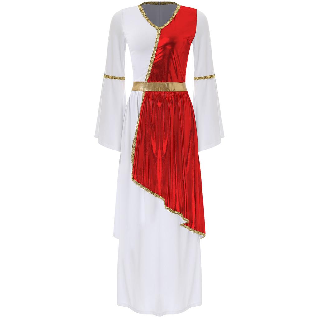 Damen Römische Griechische Schönheit Toga Kleid V-Ausschnitt Trompetenärmel Metallisch Glänzendes Overlay Goldene Borte Robe Halloween Kostüm