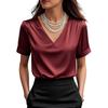 Damen T-Shirt Einfarbige Lockere Passform Glattes Satin V-Ausschnitt Kurzarm Oberteile Sommer Lässiges T-Shirt Tägliche Kleidung