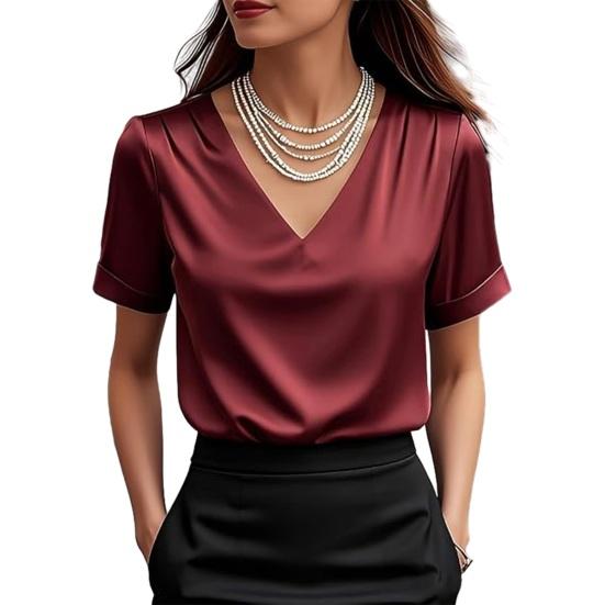 

Women T-shirt Solid Color Loose Fit Smooth Satin V-Neck Short Sleeve Tops Summer Casual Tee Shirt Daily Wear S