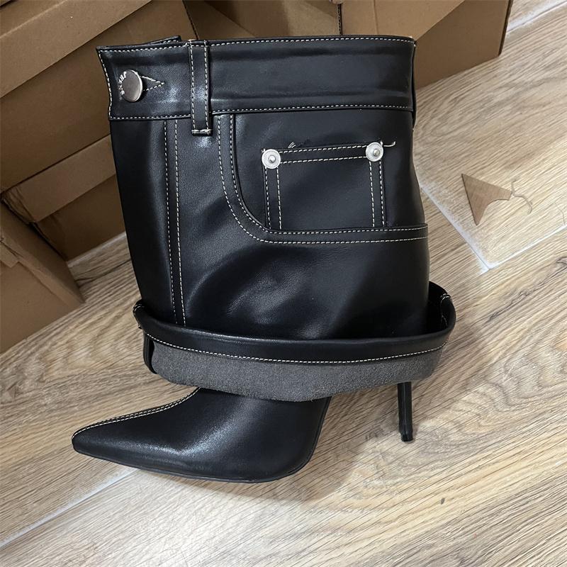 Fashion Blue Denim Slim Heel Cuffed Short Boots Rivet Pocket Design Pointed Toe Metal Buckle High Heel Fashion Large Size 45 Women Boots