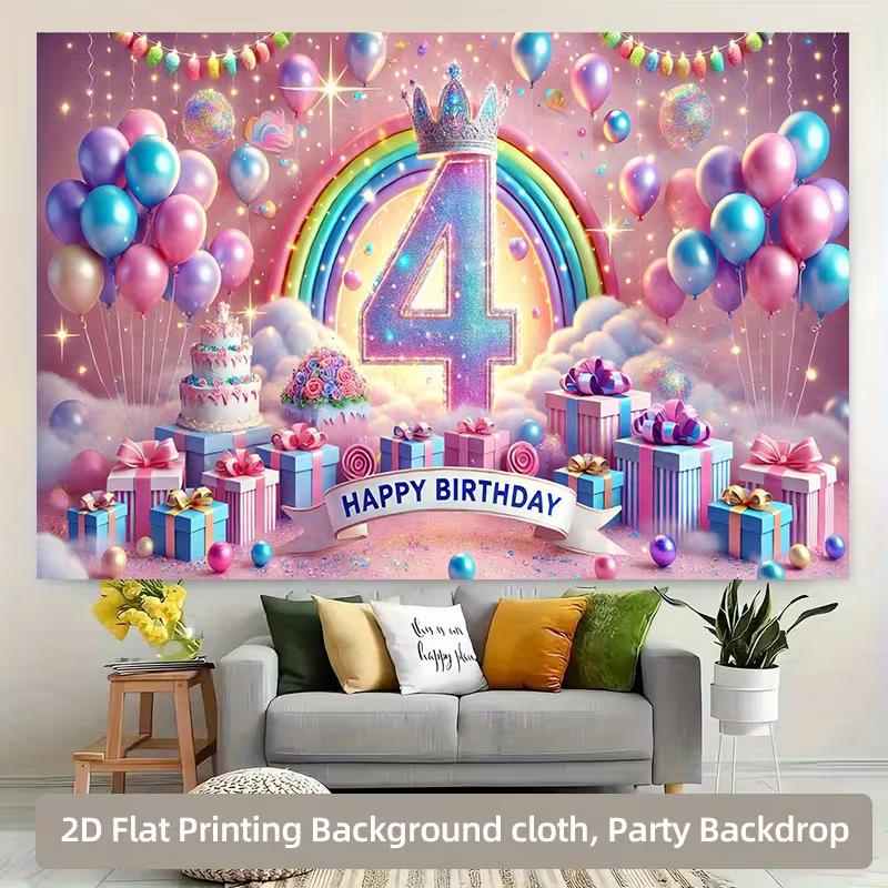 2D Kids 4th Birthday Backdrop with Gifts, Cake & Rainbow for Toddler Party