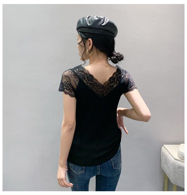 2023 Summer Women's Sexy Lace Slim-Fit Hollow-Out Short Sleeve T-Shirt