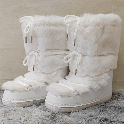 Faux Fur Boots for Women Warm Comfortable Woman Ski Boots  Winter Middle Claf Lace-up Waterproof Platform Snow Boots Black