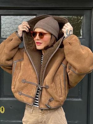 Women's Double-sided Winter Jacket Hooded Cow Horn Buttoned Cotton Jacket Suede Lamb Wool Warm Jacket Fashionable Style Autumn and Winter