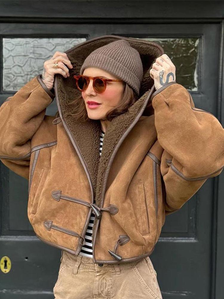 Women's Double-sided Winter Jacket Hooded Cow Horn Buttoned Cotton Jacket Suede Lamb Wool Warm Jacket Fashionable Style Autumn and Winter