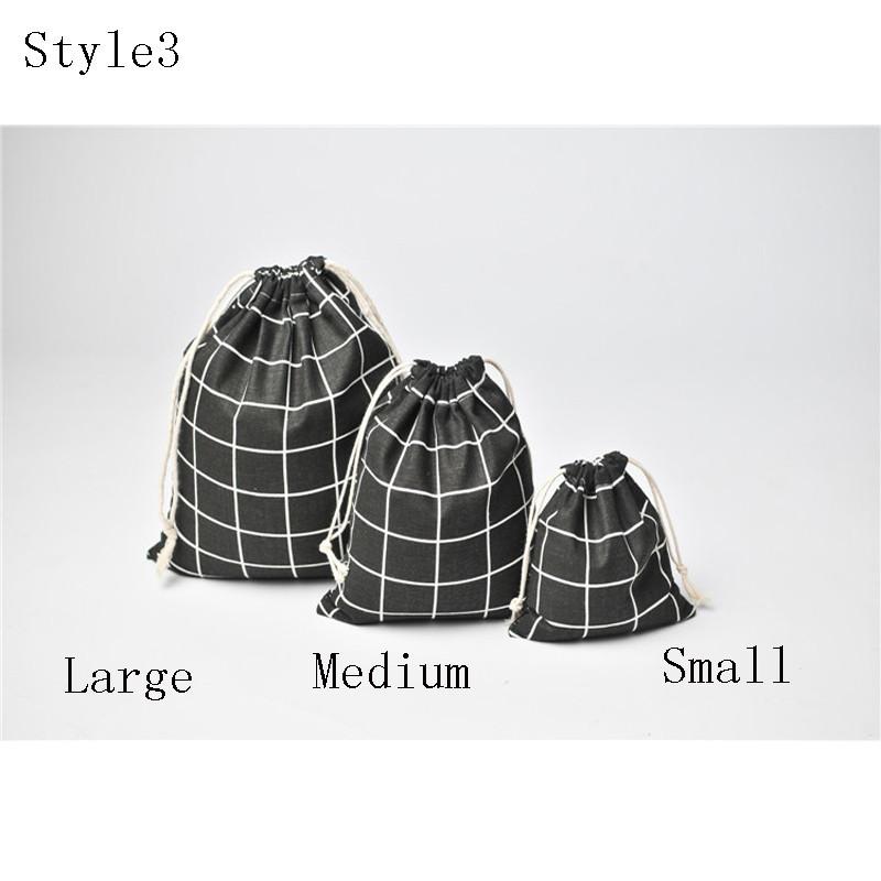 Cotton Linen Grid Storage Bag With Drawstring For Travel And Home Organization