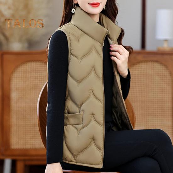 Colete de inverno feminino, casaco acolchoado espesso, gola alta, proteção de pescoço, sem mangas, fecho de zíper, cor sólida, mantém o colete aquecido