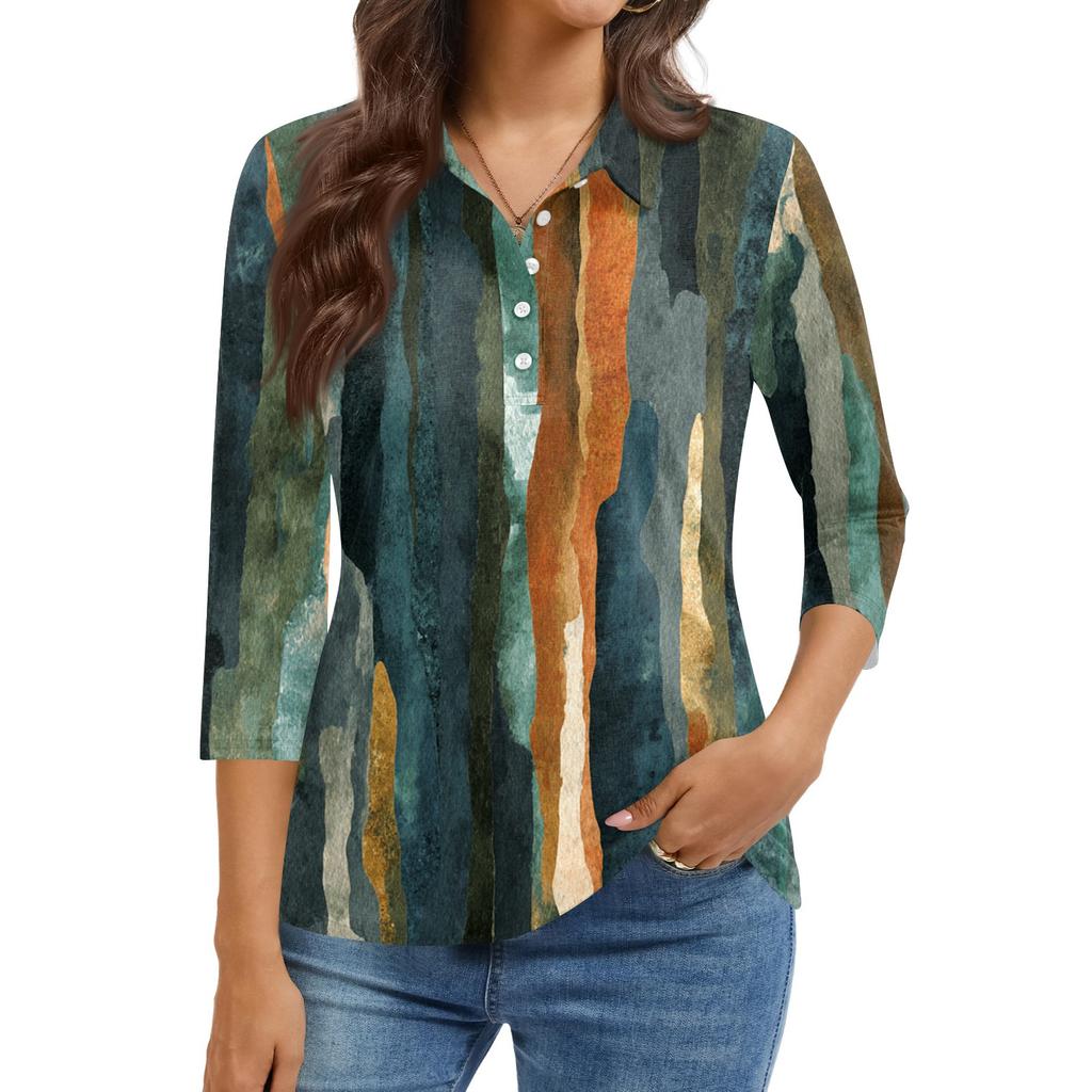 Damenmode Lässig Revers Kurz 3/4 Ärmel Print Hemd Damen Knopfleiste Oberteile