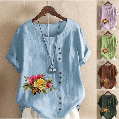 Women's Fashion Summer Round Neck Short Sleeve T-shirt Casual Cotton Linen Graphic Shirt Leisure Loose Flowers and Plants Prined Blouse Tops Plus Size