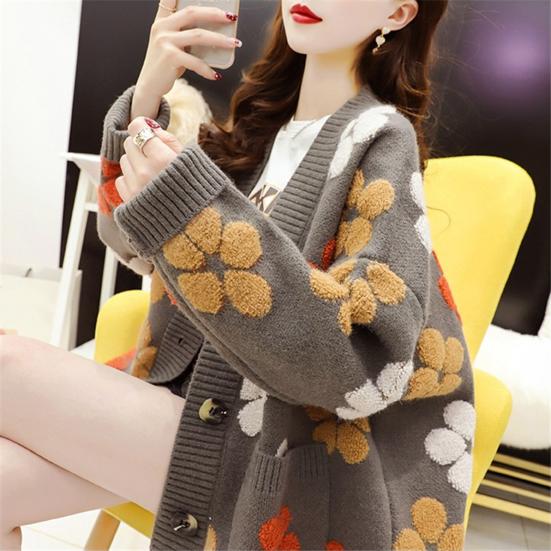 Women Sweater Coat V-Neck Long Sleeve Flower Pattern Knitted Cardigan with Pockets Loose Fit Autumn Winter Knitwear