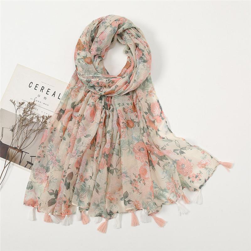 Women Autumn Spain Lovely Polka Floral Tassel Viscose Shawl High Quality Print Wrap Pashmina Stole Bufandas Muslim Hijab Snood
