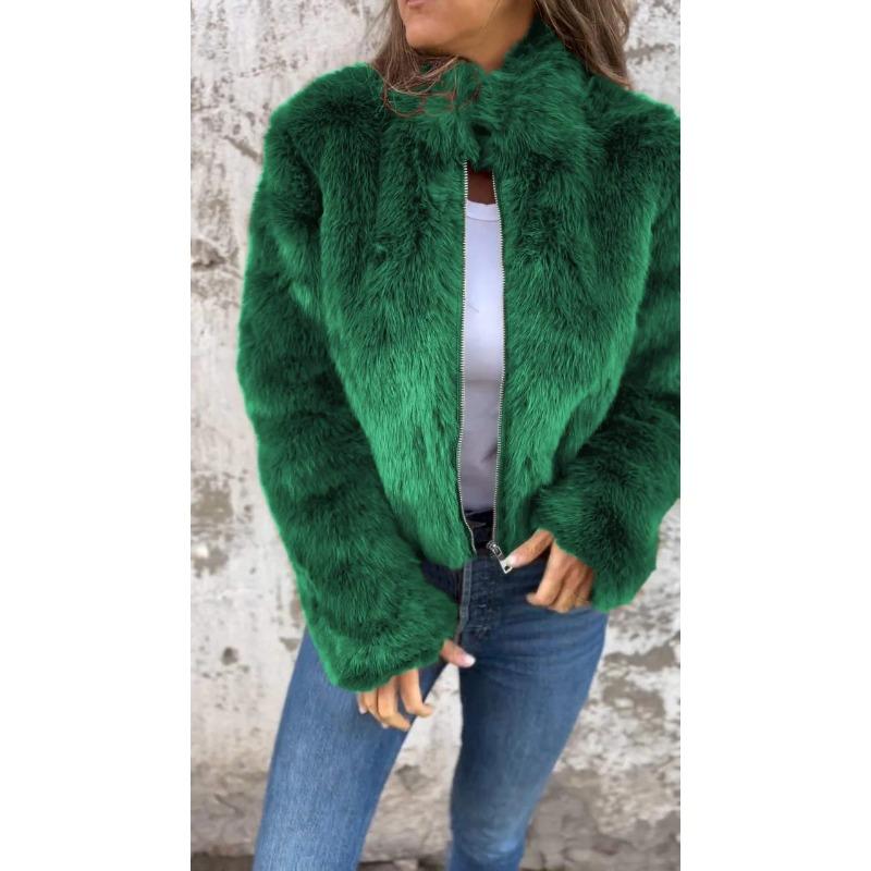 Women's Fall/Winter Imitation Fur High-Neck Zipper Casual Top Jacket