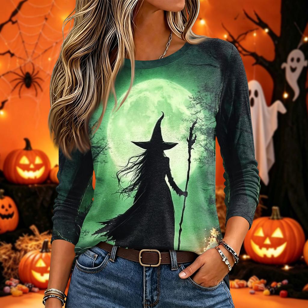 Women's Halloween Printed Neck Long Sleeve Pullover Top