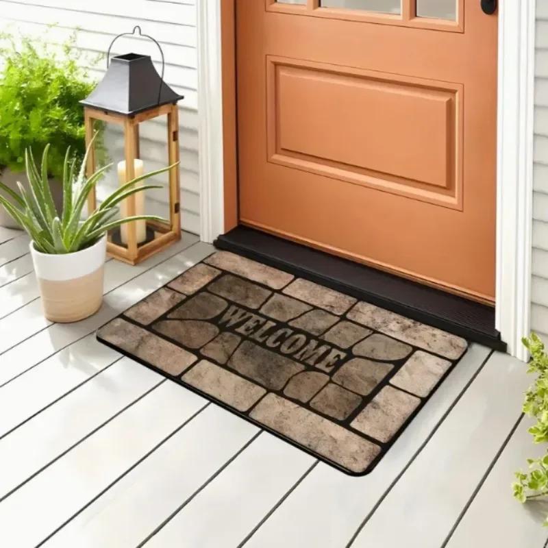 VIKAMA Vintage Stone-Effect Tile Doormat Anti-Slip & Noise-Reducing Entrance Hall Mat Bedroom Entrance & Bedside Rug Home Decor