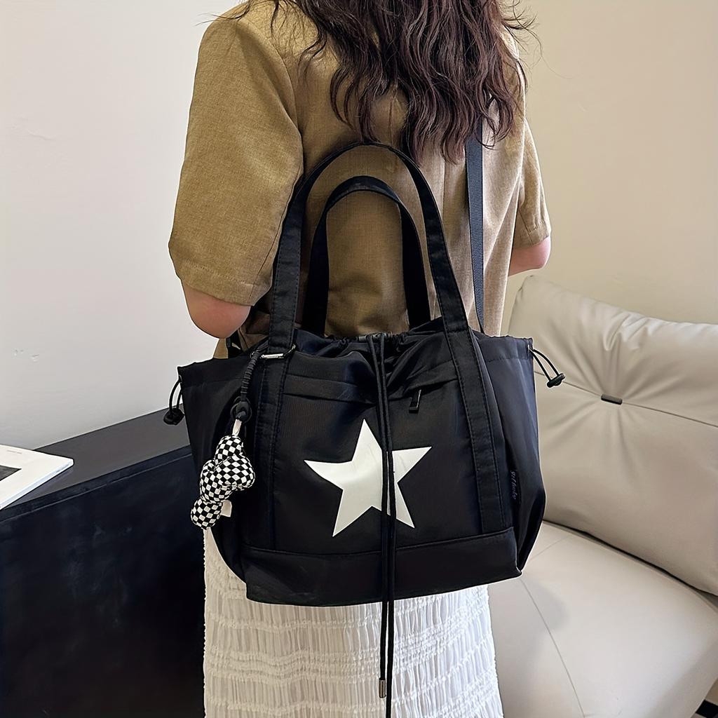 Fashion-Forward Star Pattern Colorblock Shoulder Bag Stylish Drawstring Closure for Casual Chic - Adjustable, Multipurpose Design Ideal for School