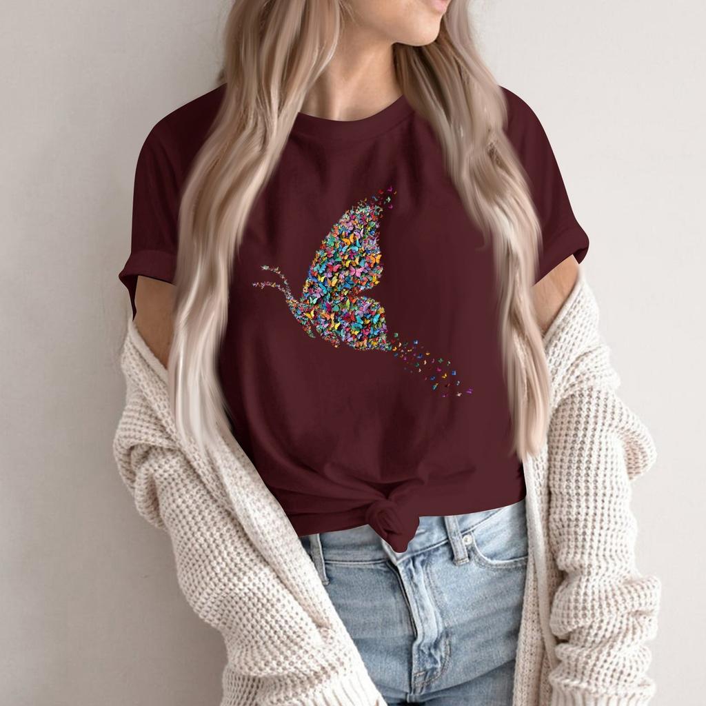 Women's Fashion Casual Printed Round Neck Short Sleeved Pullover T-Shirt Top