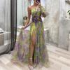 Women's Summer Dress Slanted Shoulder Mesh Printed Suspender Holiday Casual Party Dress